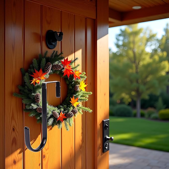 Black Wreath Hanger, Strong Bearing Fall Wreath Christmas Halloween Decorations Carbon Steel Wreath Door Hook 5" Height Wreath Hangers, Front Door Metal Over The Door Single Hook, Wreath Hangers