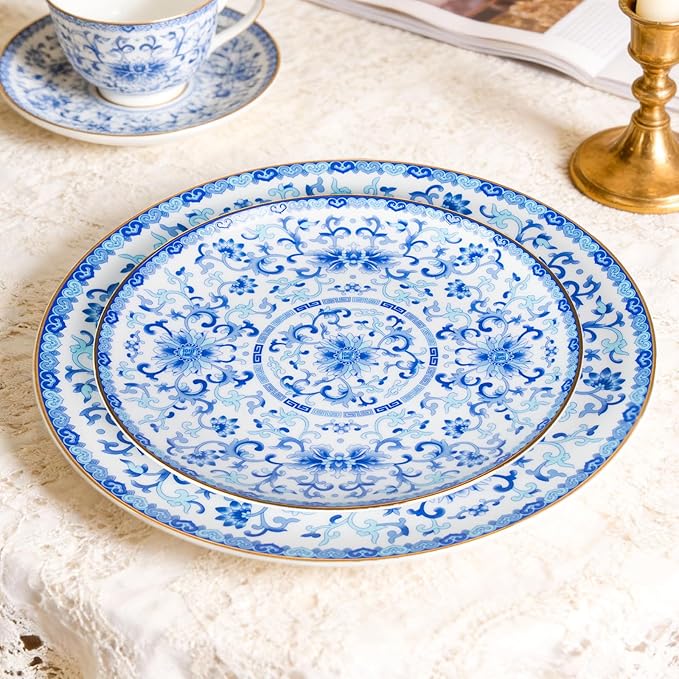 Decorative Plates Set for Display, Blue and White Ceramic Plate Decor with Stand, Handmade Vintage Porcelain Ornament for Table, Living Room, Kitchen, Perfect Chinese Style Dish Gift (8in+10in)