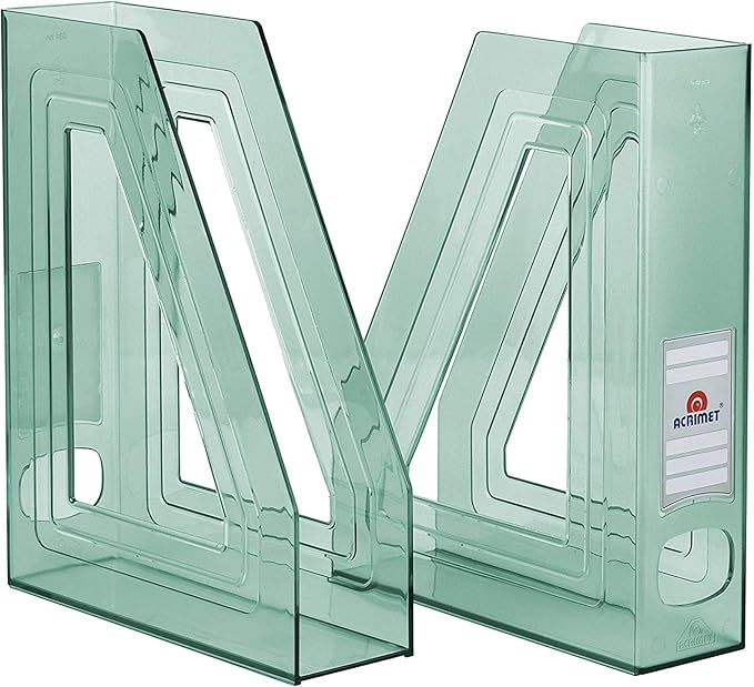 Acrimet Magazine File Holder Bin Storage, Vertical Rack for Documents, Folders and Mail, Durable Plastic Desk Organizer for Office & Home (Clear Green Color) (2 Pack)