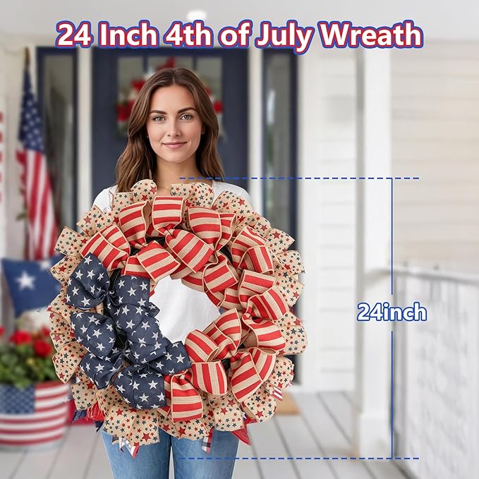 Patriotic Wreath for Front Door, 24 inch 4th of July Decorations Burlap Foldable Wreath for 250th Anniversary American Independence Day Memorial Day Decor