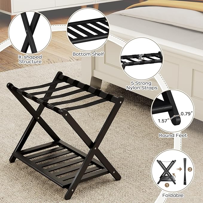 Fully Assembled Black Luggage Rack for Guest Room, Bamboo Foldable Suitcase Stand with 5 Nylon Straps, Upgraded Luggage Rack Holder with Shelf for Bedroom Hotel, Holds up to 165 Lbs, 1pcs