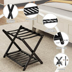 2 Pack Fully Assembled Black Luggage Racks, Bamboo 26.77" Folding Suitcase Stand for Guest Room with 5 Nylon Straps, Heavy Duty, Upgraded Luggage Rack Holder with Shelf for Bedroom Hotel