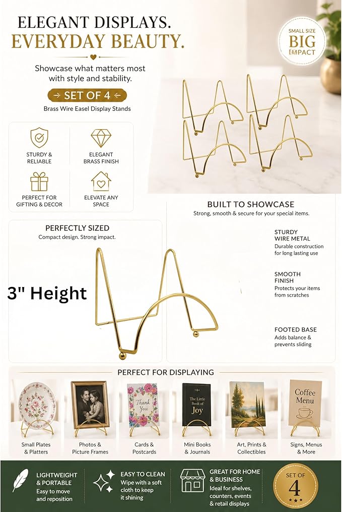 BANBERRY DESIGNS Brass Wire Easel Display Stand Plate Holders, 3 Inch Smooth Metal Footed Display Stands for Small Plates, Photos, Books, Cards & Picture Frames, Decorative Tabletop Holder, Set of 4