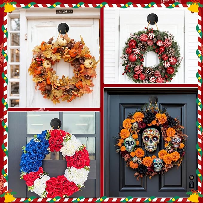 Mity rain Suction Cup Hooks for Door Wreaths, Reusable Metal Wreath Hangers for Front Door Glass Windows, Strong Hold No-Drill Wreath Holder Ideal for Holiday & Christmas Door Decorations（Black）