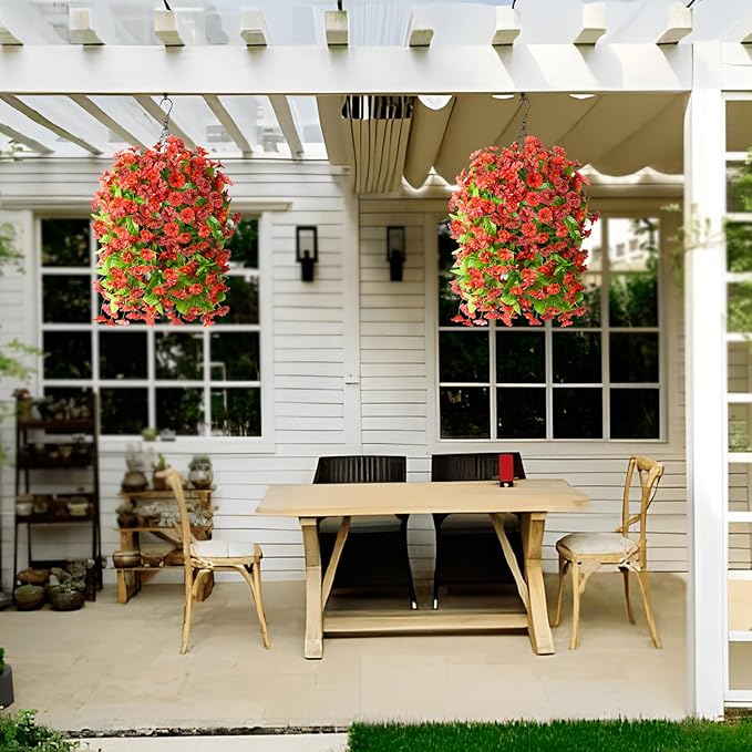 Artificial Fake Hanging Flowers Plants Baskets for Outdoor Spring Summer Decorations,Resistant Faux Morning Glory Silk Plants for Outside UV Resistant Patio Yard Home Porch Decor(Red Brown)