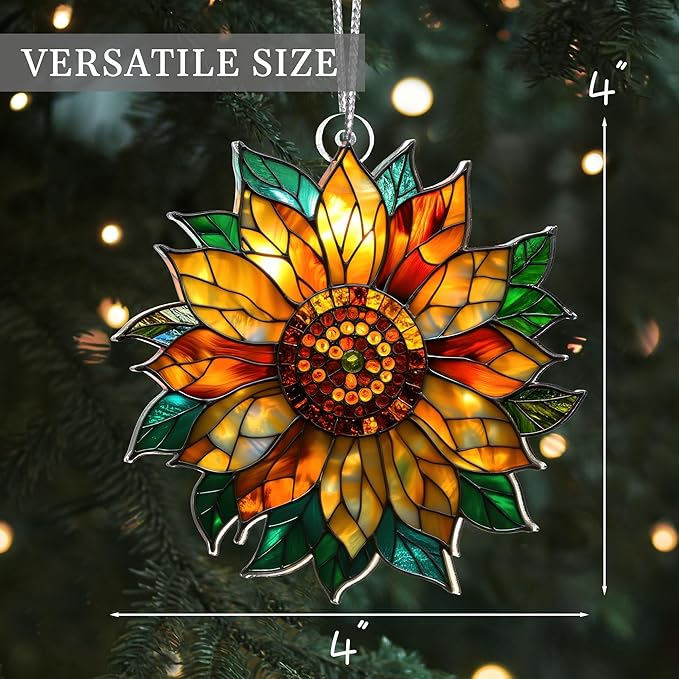 2025 Christmas Ornaments, Christmas Tree Ornaments Acrylic, Faux Stained Glass Effect White Elephant Gifts Exchange, Unique Suncatcher Xmas Stocking Stuffers for Women, Men (Sunflower)