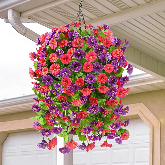 Homsunny Artificial Faux Hanging Flowers Plants Baskets for Outdoor Spring Summer Decorations,Resistant Fake Morning Glory Silk Plants for Outside UV Resistant Patio Yard Home Porch Decor(Red Purple)