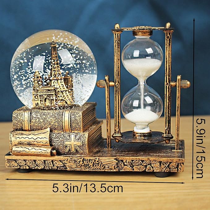 Snow Globe with Hourglass Timer Home Decorations for Living Room LED Music Crystal Ball Snow Globes Collectibles Bedroom Book Shelf TV Cabinet Desktop Decor Statue Figurine Table Centerpiece Ornament
