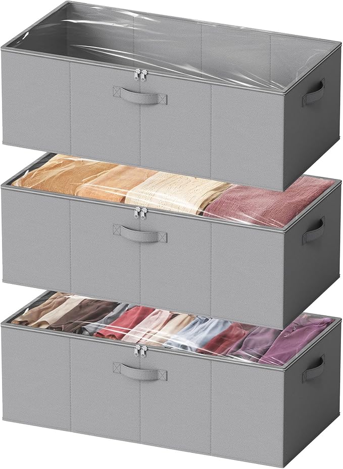 SpaceAid 3 Pack 10" High Under Bed Storage Containers, Large Underbed Storage Organizer Bins with Lids for Bedroom, Dorm, Clothes, Closet Organization, Bed Sheets and Blankets (Gray)
