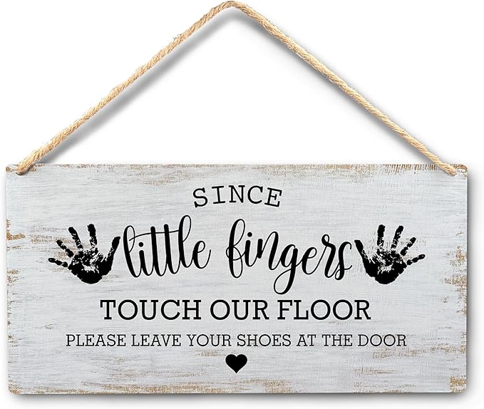Wall Pediments Shoes Off Sign,Shoes Off Sign for Front Door,Since Little Fingers Touch Our Floor Door Sign,Shoes Off Hanging Welcome Sign for Front Door,12x6 Inches，Wood Grain-2