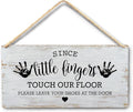 Wall Pediments Shoes Off Sign,Shoes Off Sign for Front Door,Since Little Fingers Touch Our Floor Door Sign,Shoes Off Hanging Welcome Sign for Front Door,12x6 Inches，Wood Grain-2