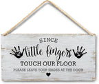 Wall Pediments Shoes Off Sign,Shoes Off Sign for Front Door,Since Little Fingers Touch Our Floor Door Sign,Shoes Off Hanging Welcome Sign for Front Door,12x6 Inches，Wood Grain-2