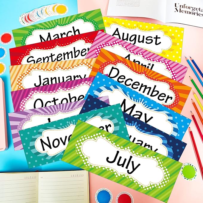 Zonon 48 Pieces Holiday Monthly Headliners Set 12 Months of The Year Headers Seasonal Monthly Bulletin Board Borders with 36 Round Blank Confetti Cutouts(Simple Style)