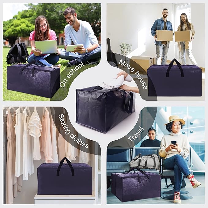Heavy Duty Extra Large Moving Bags W/Backpack Straps - Strong Handles & Zippers, Storage Totes For Space Saving, Fold Flat, Alternative to Moving Box and Storage Bin (Set of 6, Blue)
