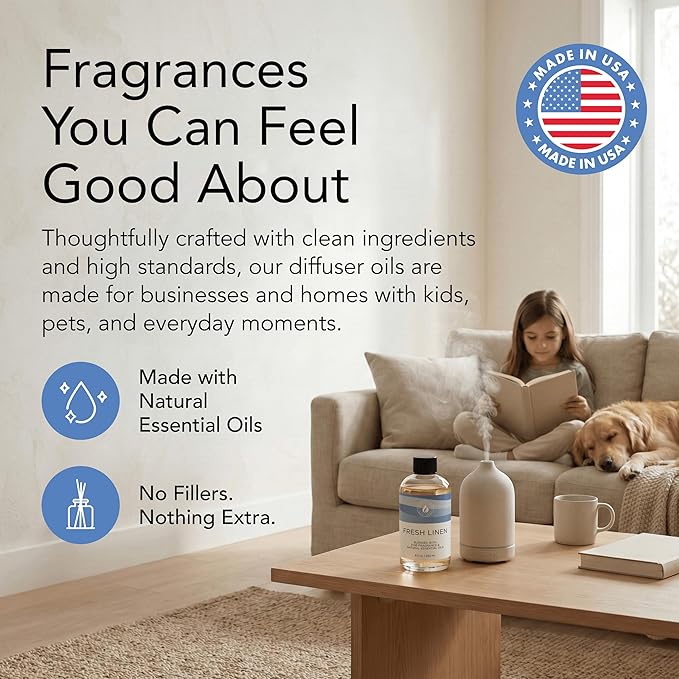 AROMA COUNTRY Fresh Linen Diffuser Oil - Luxury Essential Oils for Diffuser Refill & Air Freshener Room Spray, Long-Lasting, Natural Home Fragrance & Hotel Scent for Diffusers & Machines (8.5 Fl oz.)