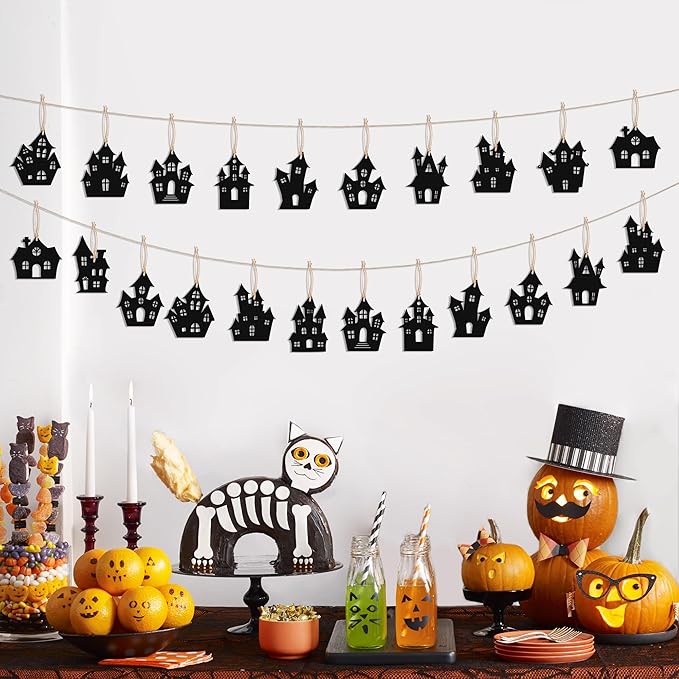 Haooryx Halloween Haunted House Wooden Ornaments - 36 Pcs Black Eerie Haunted House Themed Pendants Wood Craft Gift Tags Hanging Ornament with Ropes for Halloween Party Haunted House Decoration Supply