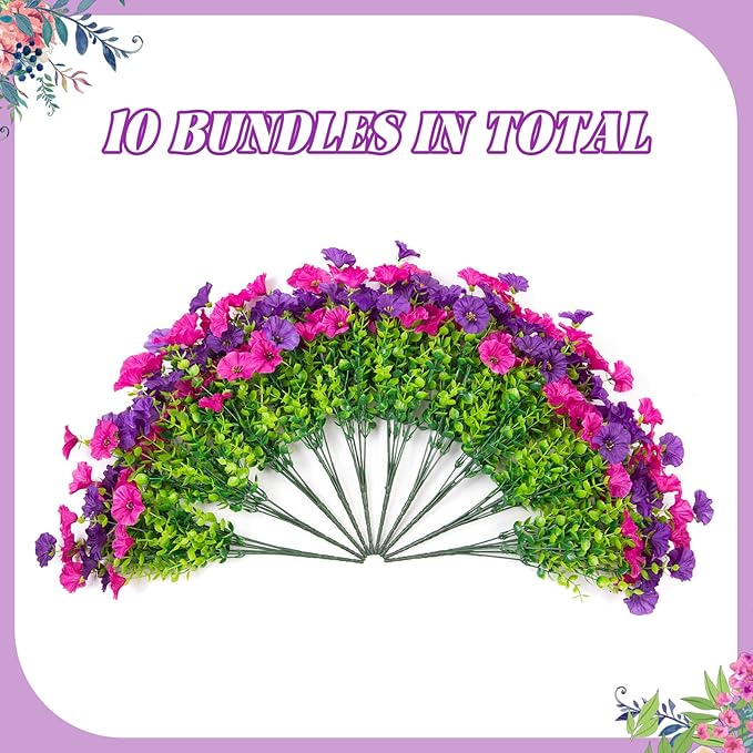 Artificial Flowers for Outdoors Decoration, 10 Bundles Fake Plastic Flower Plant, Faux Colorful Silk Morning Glory Petunias for Spring Summer Outside Garden Porch Front Door Decor, Purple