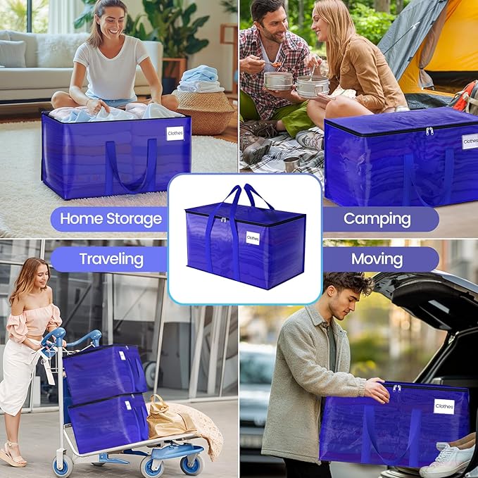 Moving Storage Bags, Moving Supplies Packing Boxes for Moving, Camping, College Dorm Room Essentials for Girls, Blue Tote Bags, Heavy-Duty Storage Bins With Lids And Zippers, 76L 2 Pack