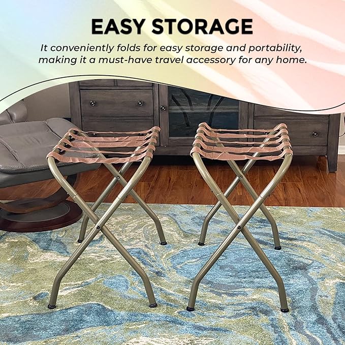 Kings Brand Furniture Anderson Folding Luggage Rack - Suitcase Stand With Storage Shelf - Folding Luggage Rack for Guest Room and Bedroom - Sturdy Portable and Stylish Metal Suitcase Stand - Gold