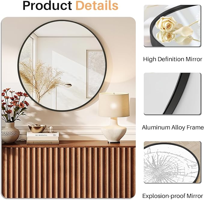 Bathroom Mirror for Wall, 24 Inch Round Mirror, Matte Black Metal Framed Circle Vanity Mirror for Bathroom Bedroom Living Room Entryway, Anti-Rust, Tempered Glass, Hanging or Leaning