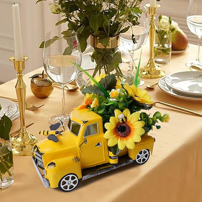 Metal Truck Decor with Sunflowers, Honey Bee, Fall Table Decor for Home, Farmhouse, Vintage Pickup for Living Room, Kitchen Table Centerpiece, Yellow