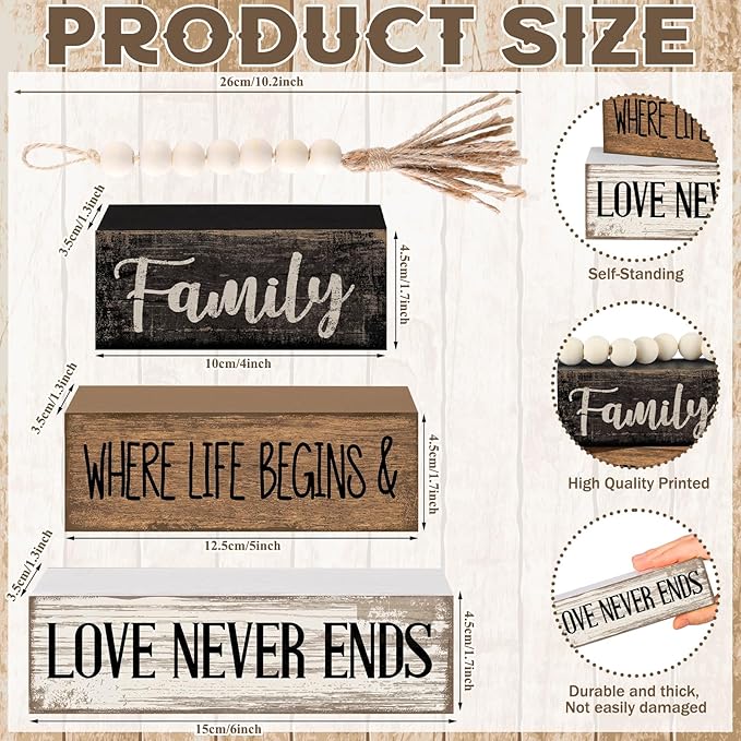 Yuntau 4 Pcs Farmhouse Family Tabletop Decor Tiered Tray Decor Rustic Wood Decorative Stacked Sign Block Gift Retro Bead Garland Family Where Life Begins Love Never Ends Table for Home Shelf Office