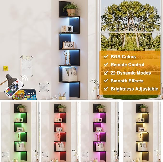 Qupui 5-Tier Corner Shelf with LED Lights, 49 Inch Floating Wall Mounted Corner Shelf for Bedroom Living Room Bathroom, Black Corner Bookshelf Display Stand with RGB Lighting