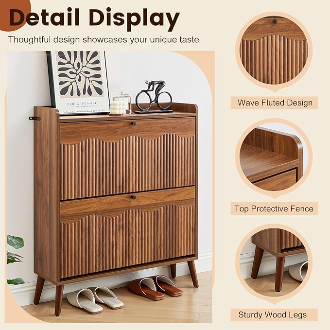 BERRYMERRY 31.5” Fluted Shoe Storage Cabinet with 2 Flip Drawers,Narrow Shoe Storage Organizer Rack with Wave Door for Entryway,Hallway,Living Room