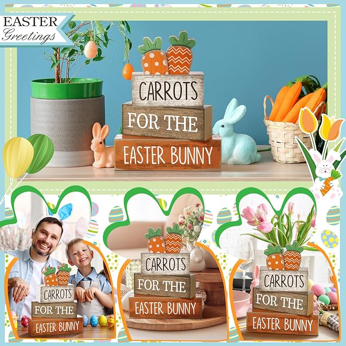 Lineshading 4 Pcs Easter Decor Wooden Carrot Decoration Easter Tiered Tray Decor Rustic Wooden Carrot Block Sign Carrots Table Centerpiece Farmhouse for Party Home Kitchen