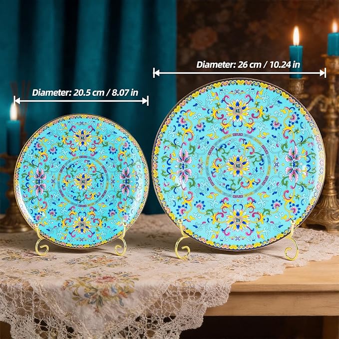 KAMMAK Decorative Plates Set for Display, Blue Ceramic Plate Decor with Stand, Handmade Vintage Porcelain Ornament for Table, Living Room, Kitchen, Office, Perfect Chinese Style Dish Gift (8in+10in)
