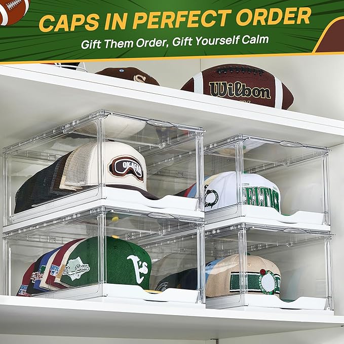 Vtopmart 6 Pack Hat Organizer for Baseball Caps, Clear Hats Holder Box with Drawer, Large Cap Storage with Sliding Tray, Stackable Rack Display Case with Magnetic Door, Each Holds 12 Hats