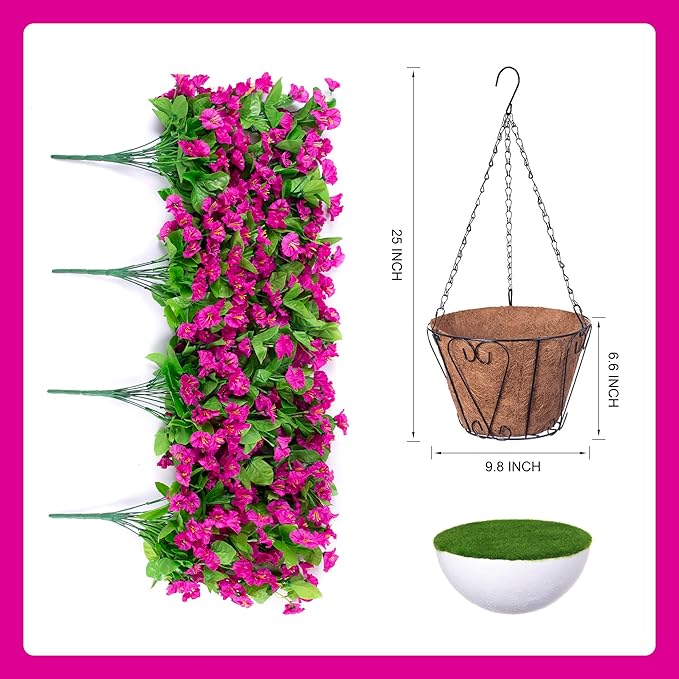 Artificial Faux Hanging Flowers Basket for Spring Summer Outdoor Porch Decoration, Fake Silk Colorful Morning Glory Eucalyptus in Planter UV Resistant for Home Balcony Yard(Red Purple)