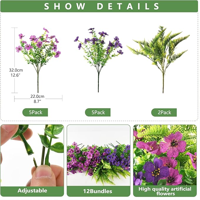 INQCMY Artificial Flowers for Outdoors Faux Plants Fake Flowers Spring Summer Decoration,12 Bundles Faux Silk Colorful Daisy Realistic UV Resistant for Outside Home Planter Window Porch Patio Yard