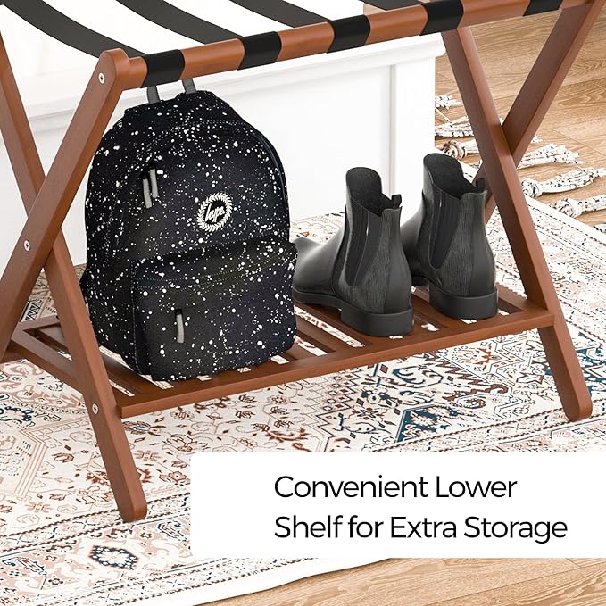 Luggage Racks Set Of 2 Suitcase Stand Foldable With Storage Shelf For Guest Room Hotel Essentials Solid Bamboo Heavy-Duty Item Holder Chestnut Brown