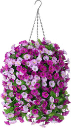 Artificial Flowers with Hanging Basket, Outdoor Faux Plants Silk Morning Glory Vines, Fake Green Arrangement for Garden Patio Spring Summer Decor(Darkorchid)