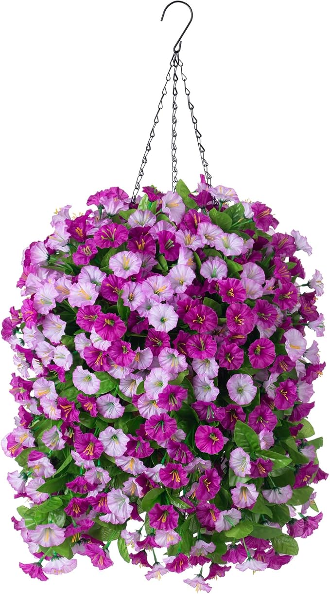 Artificial Flowers with Hanging Basket, Outdoor Faux Plants Silk Morning Glory Vines, Fake Green Arrangement for Garden Patio Spring Summer Decor(Darkorchid)