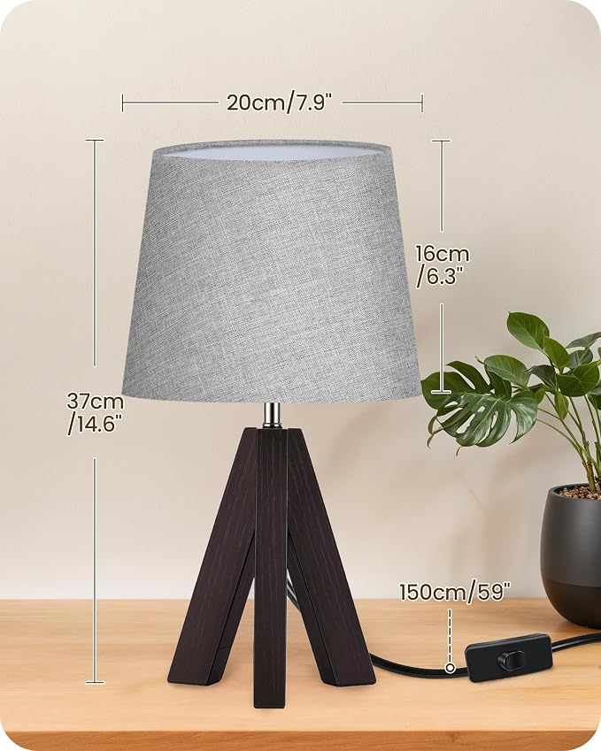 Tripod Table Lamp, 14.6" Small Bedside Lamp, Modern Nightstand Lamp with Gray Shade & Dark Walnut Base, Boho Desk Lamp for Bedroom, Kids Room, Living Room, Study, E26 Socket, VH51TL05