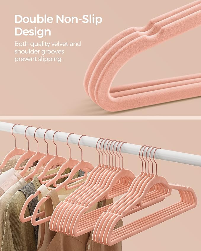 SONGMICS Velvet Hangers, Set of 50 Clothes Hanger with Rose Gold Swivel Hook, Non-Slip, and Space-Saving, 0.2-Inch Thick, 17.1-Inch Long for Coat, Shirt, Dress, Pants, Tie, Coral Pink UCRF21PK50