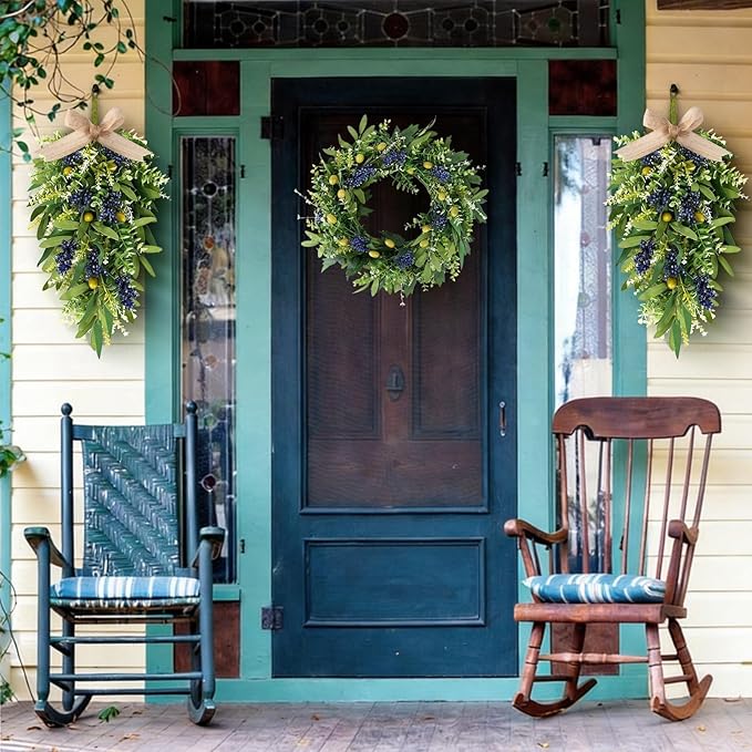 3 PCS Artificial Green Eucalyptus Olives Wreaths for Front Door Spring Summer Greenery Teardrop Swag with Eucalyptus Leaves Boxwood Mixed Berry for Indoor Outdoor Farmhouse Home Festival Wedding Decor