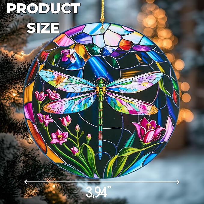 Dragonfly Christmas Ornaments Round Stained Glass Effect Acrylic Dragonfly Ornament for Tree Hanging, Christmas Theme Gift Set for Gifts Lovers, Ornament Wall Art, Thanksgiving Gift