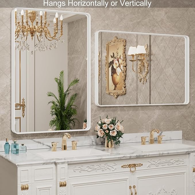 LOAAO 32x36 Inch White Metal Framed Bathroom Mirror for Wall, White Bathroom Vanity Mirror Farmhouse, Large Rounded Rectangle Mirror, Anti-Rust, Tempered Glass, Hangs Horizontally or Vertically