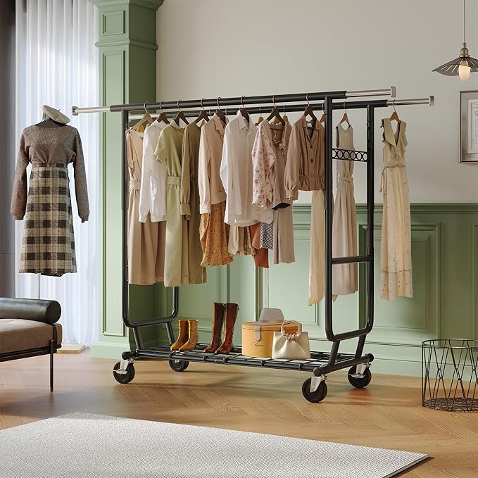 Raybee Clothes Rack Load 630LBS, Heavy Duty Clothes Rack, Rolling Clothing Racks for Hanging Clothes with Wheels, Adjustable & Commercial Garment Rack, 22" D x 75" W x 68" H, Black