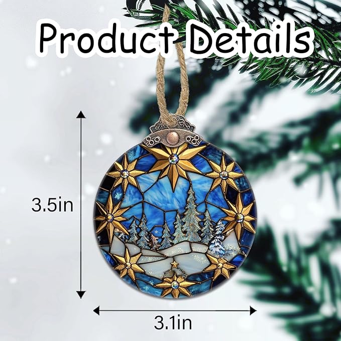DASTOLL Stained Glass Christmas Decorations, Golden Stars White Snow Scene Suncatcher for Window Christmas Tree Hanging Ornaments Blue Sun Catcher Xmas Decor Gifts for Women Men Mom Nana Friend