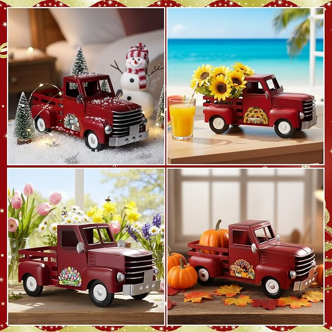 Threehoney Farmhouse Truck Decor 12.2 Inch Vintage Red Metal Truck with 16 Magnet Patriotic Table Decoration Summer Centerpieces for Home Kitchen 4th of July Holiday Interchangeable Seasonal Decor