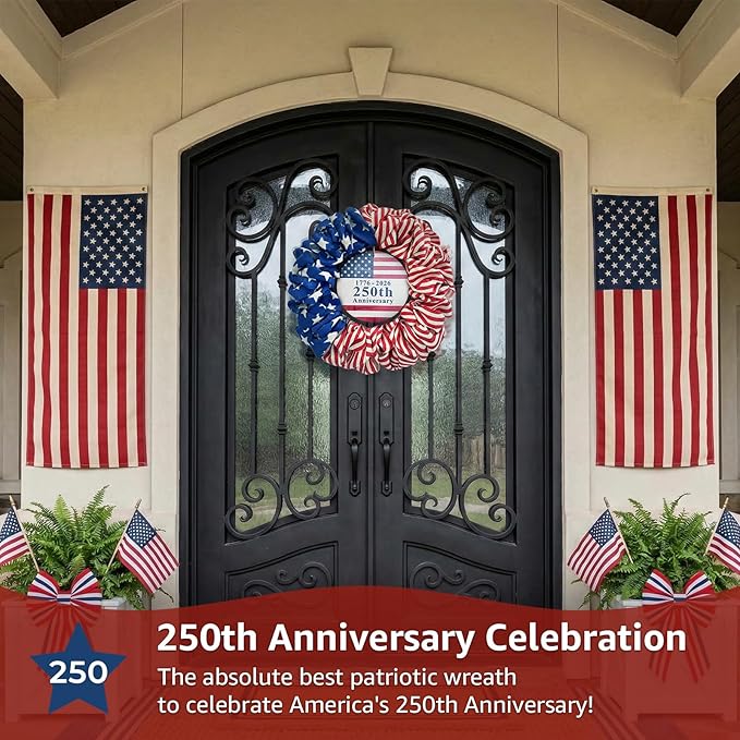 4th of July Wreath for Front Door - 20 inch Memorial Day Patriotic Decorations Outdoor, Red White and Blue 1776-2026 USA 250th Anniversary Burlap American Flag Door Wreaths