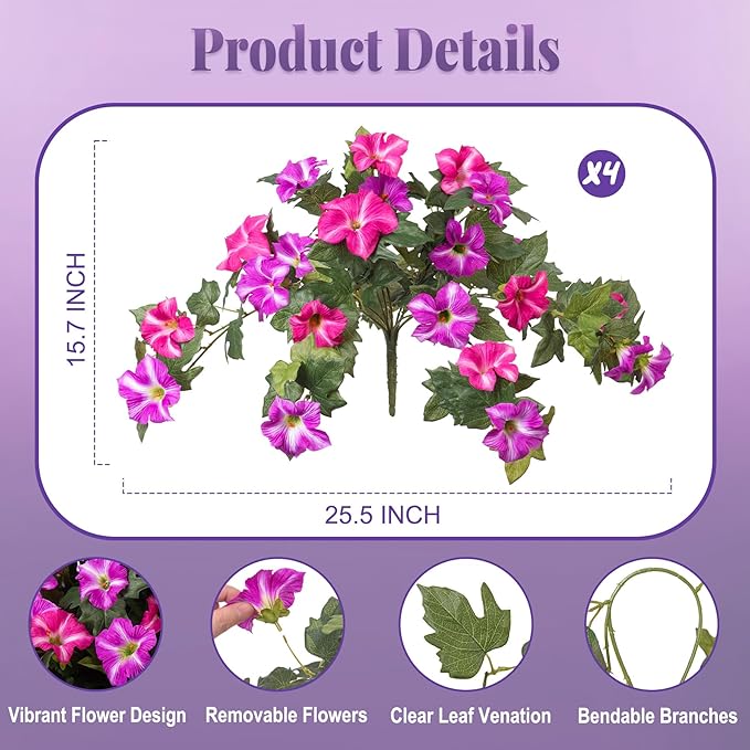 4 Pcs Artificial Fake Petunia Flowers for Outdoor Decoration, Faux Silk Petunias Flower for Spring UV Resistant Realistic Plants for Garden Balcony Yard Porch Indoor Decor(Fuchsia Lotus)