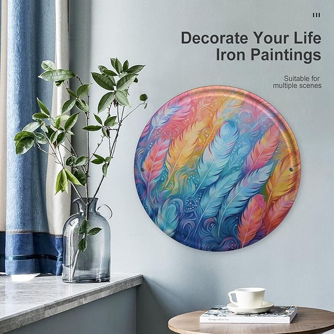 Wall Picture, with Hand Drawn Feathers Printed Circular Iron Hanging Picture,Wall Art Decor,Home for Bedroom Living Room Bathroom Decor,Iron Painting 11.8X11.8 in