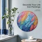 Wall Picture, with Hand Drawn Feathers Printed Circular Iron Hanging Picture,Wall Art Decor,Home for Bedroom Living Room Bathroom Decor,Iron Painting 11.8X11.8 in