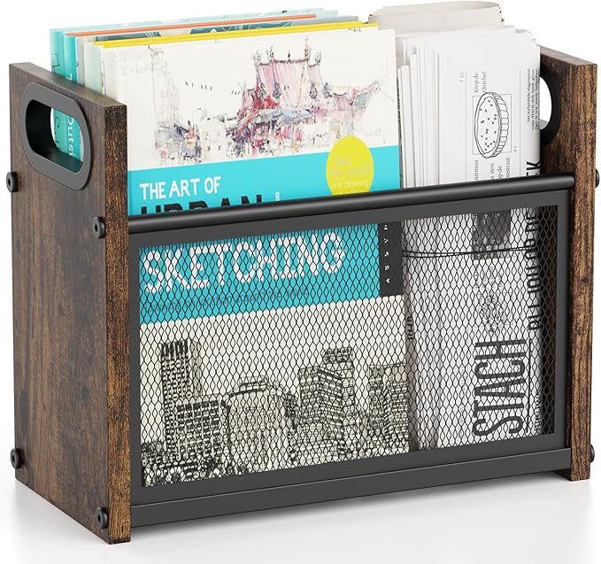 Magazine Holder, Magazine Rack Floor, Rustic Magazine Storage Basket, Farmhouse File Storage Basket Box Bin Folder Organizer Stand for Letters, Magazines, Books, Newspapers
