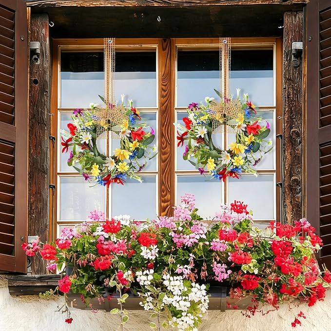 4 PCS 9'' Mini Floral Kitchen Cabinet Wreath Small Artificial Spring Summer Wreath for Front Door with Burlap Ribbon Sunflowers Daisy Butterfly Hanging Farmhouse Wreaths for Porch Wall Window Decor